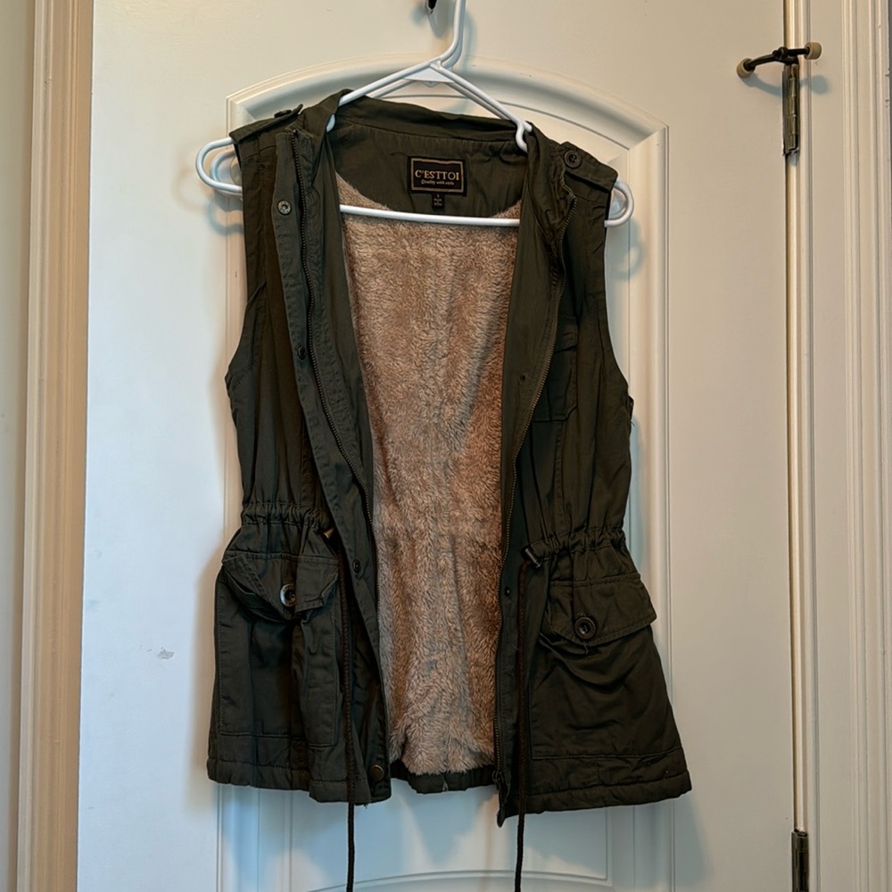 Faux Fur Lined Utility Fashion Vest in Olive Green